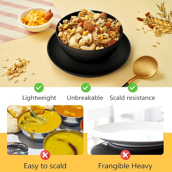 Teivio 32-Piece Kitchen Plastic Wheat Straw Dinnerware Set, Service for 8, Dinner Plates, Dessert Plate, Cereal Bowls, Cups, Unbreakable Colorful Plastic Outdoor Camping Dishes, Deep Black