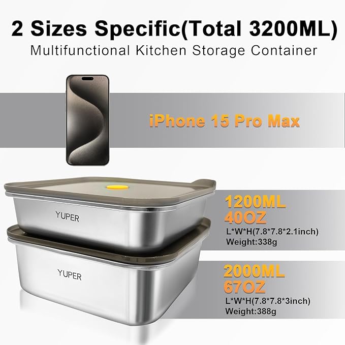 YUPER Stainless Steel Food Containers, Meal Prep Containers, Sandwich Containers, Stainless Steel Containers with Lids Fruit Lunch Snacks Storage, 2 Pack (40+67OZ)