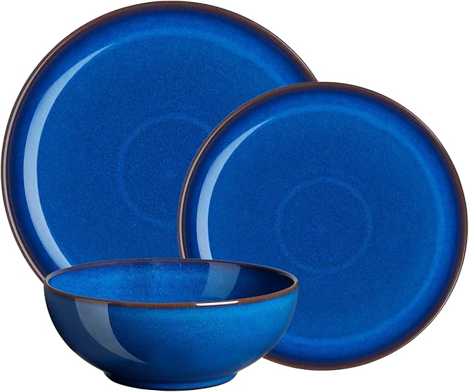 Denby - Imperial Blue 12 Piece Coupe Dinner Set For 4 - Ceramic Tableware Plate & Bowl Set - Dishwasher Microwave Safe Crockery - 4 x Dinner Plates, Small Plates, Cereal Bowls - Chip & Crack Resistant