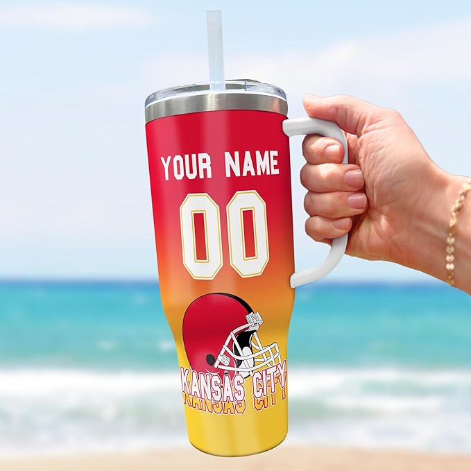 Personalized Football Insulated Travel Cup with Handle & Straw, 40oz Stainless Steel Tumbler, Custom Name & Number Mug, Tailgating Gift for Fans (Kansas City)