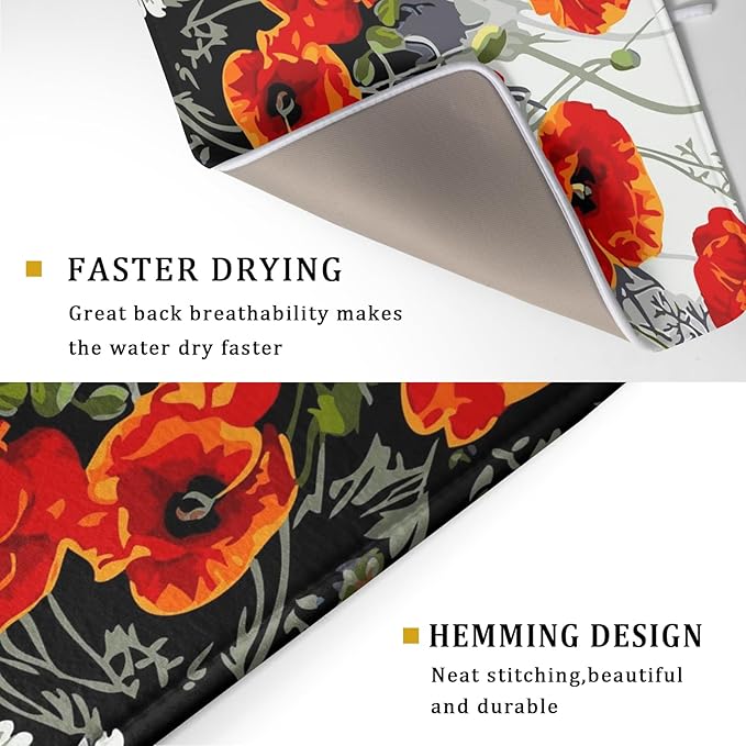 Poppy Dish Drying Mat 18x24 inch for Kitchen Vintage Red Orange Floral Dish Drying Pad Oil Painting Flower Dish Drainer Mats Absorbent Microfiber Protector for Countertop Coffee Bar