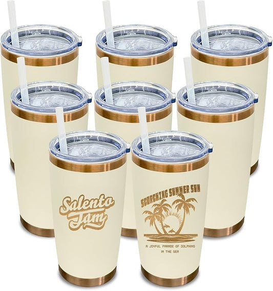 20 oz Tumbler Bulk 8 Pack Stainless Steel Tumbler with Lid and Straw, Double Wall Vacuum Insulated Travel Coffee Mug for Laser Engrave, Powder Coated Cup for Hot and Cold Drinks (Cream,8 pack)
