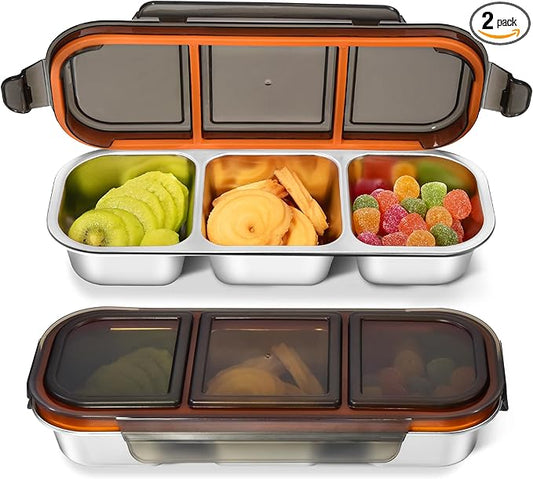 3 compartment snack containers, Stainless Steel Snackle Box Container, Leakproof 3 Grid Bento Box for Travel Home Picnic Work