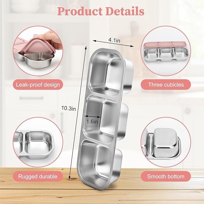 ﻿ 3 Compartment Stainless Steel Snack Containers with Silicone Lids, Reusable Food Storage Containers ，snackle box container for School ，Travel, Outdoor, Camping.