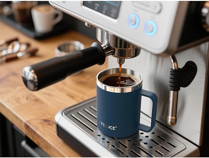 TILUCK 12 oz Insulated Coffee Mug with Lid, Leak-Proof Stainless Steel Travel Mug Cup with Handle for Hot or Cold Drinks(DarkBlue, 12oz)