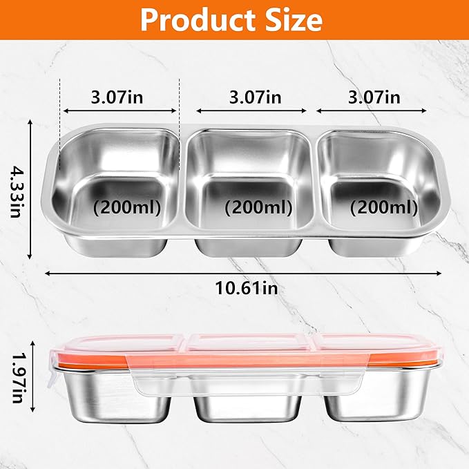 2Pack Stainless Steel Snackle Box Container, Reusable Metal Bento Box, Leak Proof 3 Compartment Divided Food Storage Containers for Travel Home Picnic Work