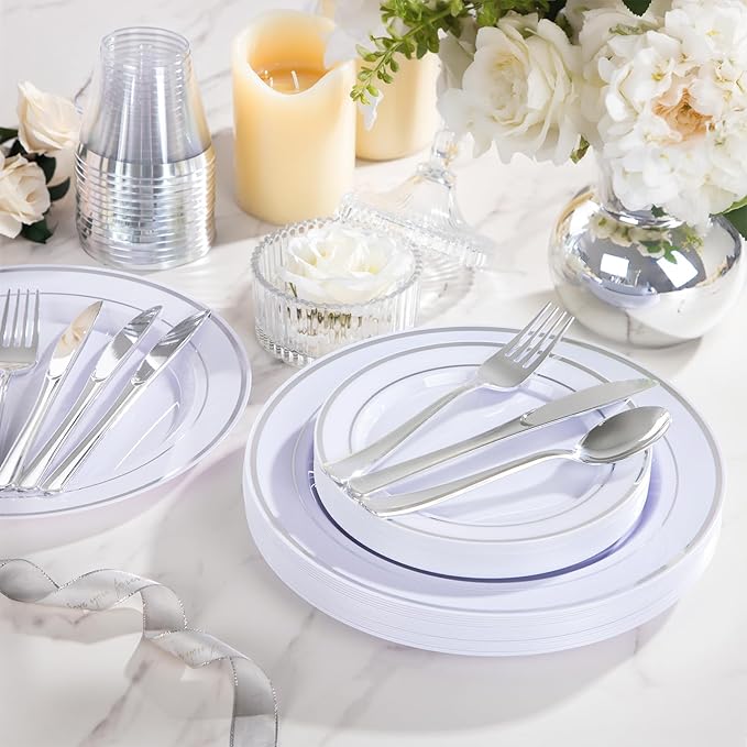 WELLIFE 600 PCS Silver Disposable Dinnerware Set for 100 Guests, Wedding Plates Silver Plastic Plates for Party, 100 Each-Dinner & Salad Plates, Cups, Forks Knives Spoons for Wedding and Anniversary