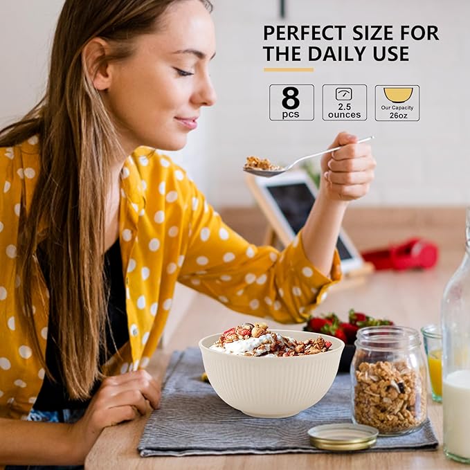 PYRMONT Wheat Straw Bowls 26 OZ Plastic Bowls Reusable, Unbreakable Soup Bowls, Bowl Set of 8, Cereal Bowl, Small Bowls for Kitchen, Dishwasher & Microwave Safe Bowls, BPA-Free (Beige)