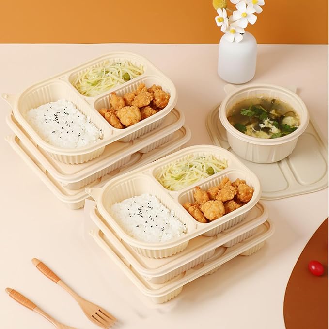 50 Packs of Disposable 36 Ounce Square Meal Prep Container, 3-Chamber Bento Box, Thickened Food Storage Container With Lid, Stackable.