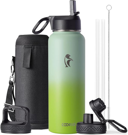 Water Bottle 40 oz Insulated with Straw&Brush, Coolflask Vaccum Stainless Steel Metal 3 Lids Water Flask for Sports, Gym or Office, Keep Cold 48H Hot 24H, Ombre Green
