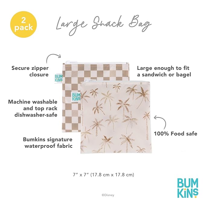 Bumkins Reusable Sandwich and Snack Bags, for Kids School Lunch and for Adults Portion, Washable Fabric, Waterproof Cloth Zip Bag, Travel Pouch, Food-Safe, Large 2-pk Palm Trees, Check
