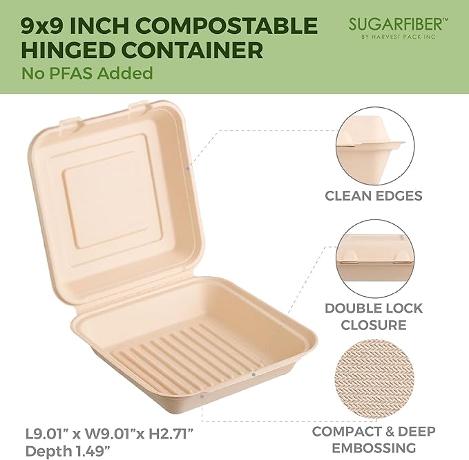[200 COUNT]Sugarfiber by Harvest Pack PFAS FREE 9 X 9" Compostable Clamshell Food Containers, Heavy-Duty Hinged Container, Disposable Bagasse Eco-Friendly Natural Sugarcane Takeout to go Box