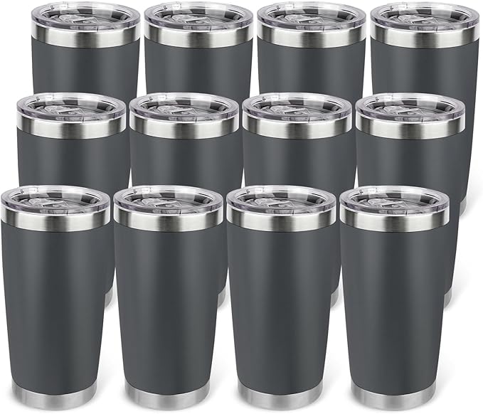 20oz Stainless Steel Tumbler Bulk with Lid, Travel Mug - Double Wall Vacuum Powder Coated Cup - Grey, 12 Pack