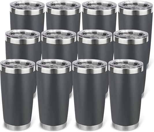20oz Stainless Steel Tumbler Bulk with Lid, Travel Mug - Double Wall Vacuum Powder Coated Cup - Grey, 12 Pack