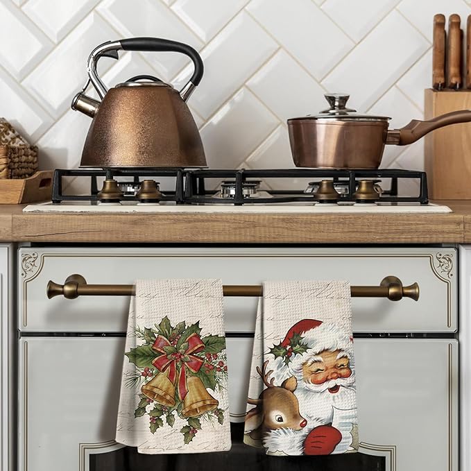 Christmas Kitchen Towels,Vintage Retro Santa Claus Dish Towels Set of 2,Christmas Kitchen Decor Tea Towels for Kitchen,Hand Towels for Bathroom,Gifts for Women,16×24 Inches