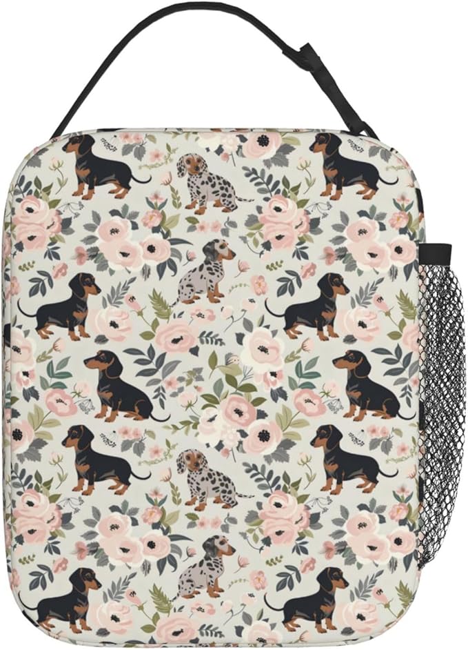 Reusable Dachshund Lunch Box for Kids Girls Boys Women Adult, Insulated Cute Dog Lunch Bag,Polyester Cooler Floral Handbags Case for School Picnic Work Travel Beach or Hiking