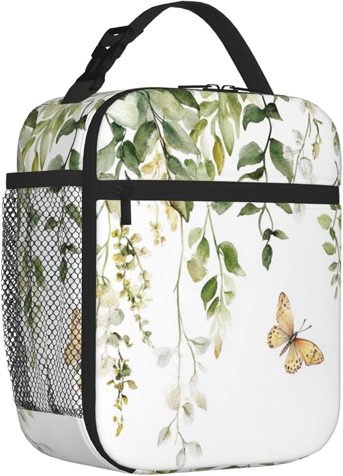 SUPLUCHOM Lunch Bag Butterfly Watercolor Botanical Leaf Insulated Bento Box Cooler with Side Pocket for Girl Boy Women Men Work School Picnic Hiking Daytrip