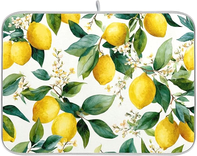 Watercolor Lemons Dish Drying Mat for Kitchen Counter Super Absorbent Dishes Pad Reversible Microfiber Protector Dish Draining Mats 16x18 inch