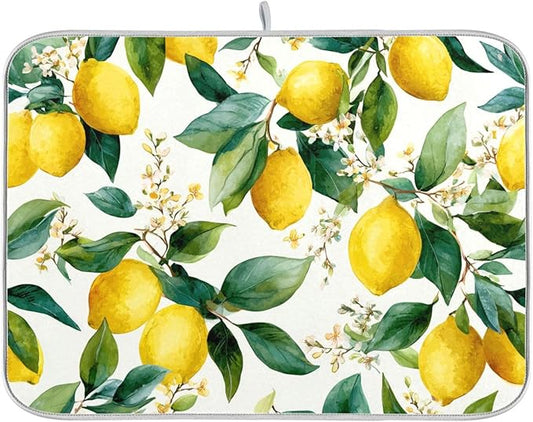 Watercolor Lemons Dish Drying Mat for Kitchen Counter Super Absorbent Dishes Pad Reversible Microfiber Protector Dish Draining Mats 16x18 inch
