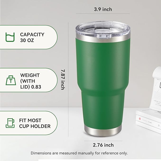 30 oz Tumbler with Lid Stainless Steel Tumblers Bulk Vacuum Insulated Cup Reusable Powder Coated Travel Mug Double Wall Leak Proof Cups Keep Cold Drinks for 12 Hours Dark Green, Set of 4