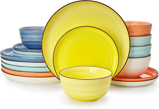 Sweese Plates and Bowls Sets, 18 Piece Dinnerware Set Porcelain Round Dinner Set for 6, Scratch Resistant Dishes Set, Dishwasher Oven Microwave Safe Handpainted Swirl Dishware Sets, Assorted Colors