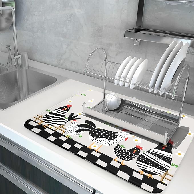 Black Rooster Dish Drying Mat for Countertop 18x24 Inches Buffalo Plaid Microfiber Drainer Rack Pads Fast Dry Dishes Mats Kitchen Accessories