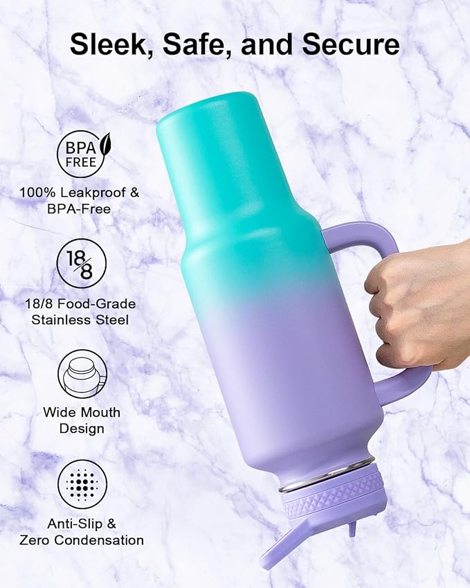 Trebo 40 oz Water Bottle Insulated Fit Car Cup Holder with Handle, Stainless Steel Water Bottles Tumbler with Spout Straw Lids, Double Wall Travel Reusable Flask, Leakproof Mug,Keep Cold &Hot,Purple