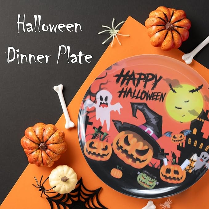 10-Inch Halloween Melamine Dinner Plates, 12-Piece Dishes Set, Lightweight & Stackable for Holidays& Decor‌ Party plates, Ideal for Salad,Dessert,Fruit and Cakes-Halloween Pattern