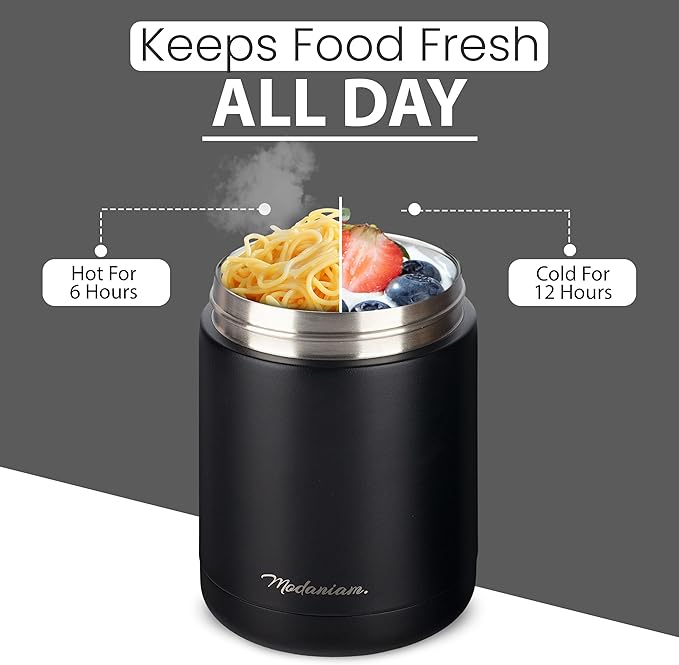 Stainless Steel Vacuum Insulated Food jars set of 2 | wide mouth |Insulated Lunch Container for Hot and Cold Food| Soup |Thermal Lunch Containers | Hot Lunch Box | 16 oz +12 oz| Black | Adults, teens