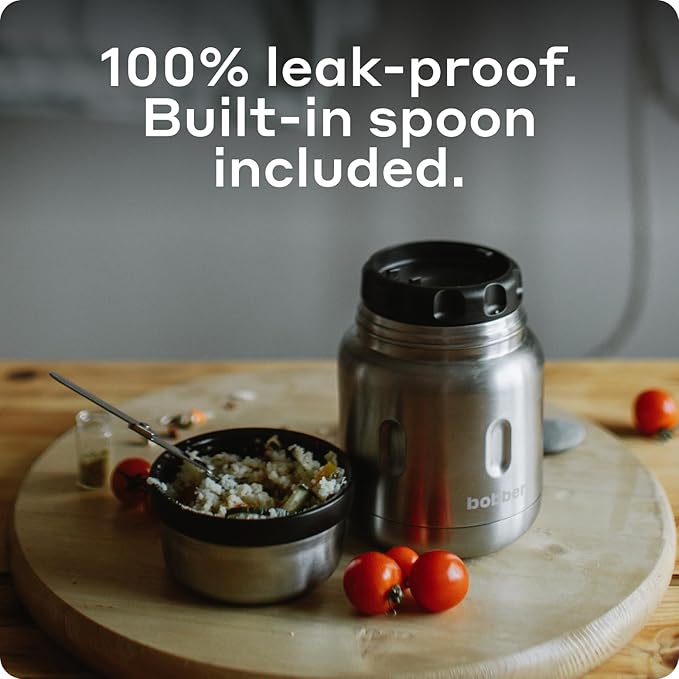 BOBBER 16 oz Insulated Stainless Steel Food Jar with Extra-Wide Mouth, Built-in Folding Spoon – Leak-Proof Thermos for Hot Food – Keeps Lunch Hot for 10 Hours, Cold for 15 Hours (Glossy)