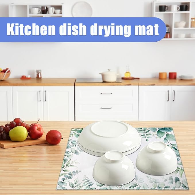 Sage Eucalyptus Dish Drying Mat for Kitchen Counter Spring Summer Drying Pad Absorbent Reversible Dish Drainer Rack Mats Draining Pad 18"x24"Inch