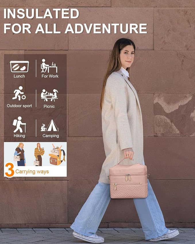 Capolo Lunch Box for Women Men Adults,Insulated Lunch Bag Leakproof Lunch Cooler Box with Removable Strap Cute Lunch Tote Bags Reusable Thermal Lunchbox for School Work Picnic(Small,Pink)