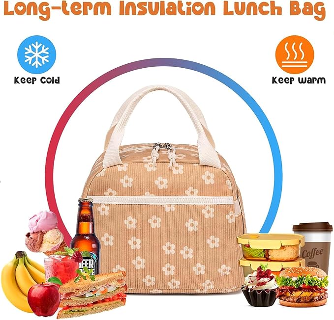 Bluboon Lunch Bag for Women Men Cute Corduroy Lunch Tote Bags Reusable Insulated Lunch Box Large Capacity Reusable Insulated Cooler for Work Picnic or Travel