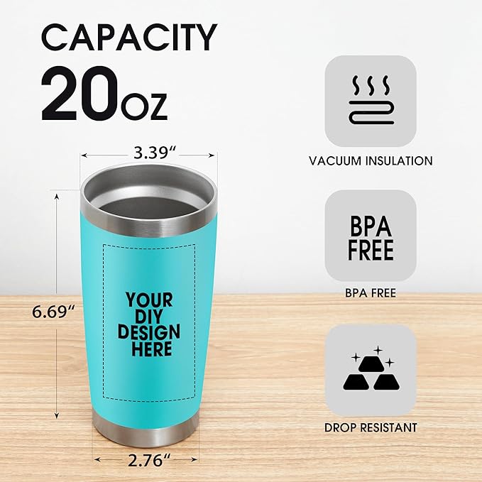 Personalized Custom Tumbler Print in USA 20oz Stainless Steel Coffee Cup with Lid & Straw Double Wall Insulated Tumbler with Colorful Text Logo Photo
