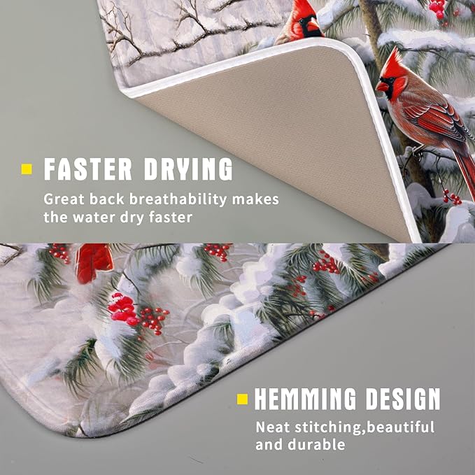 Red Birds Dish Drying Mat Winter Berry Dish Drainer Mats Absorbent Reversible Microfiber Kitchen Countertop Protector Dishes Pad 16x18 inch