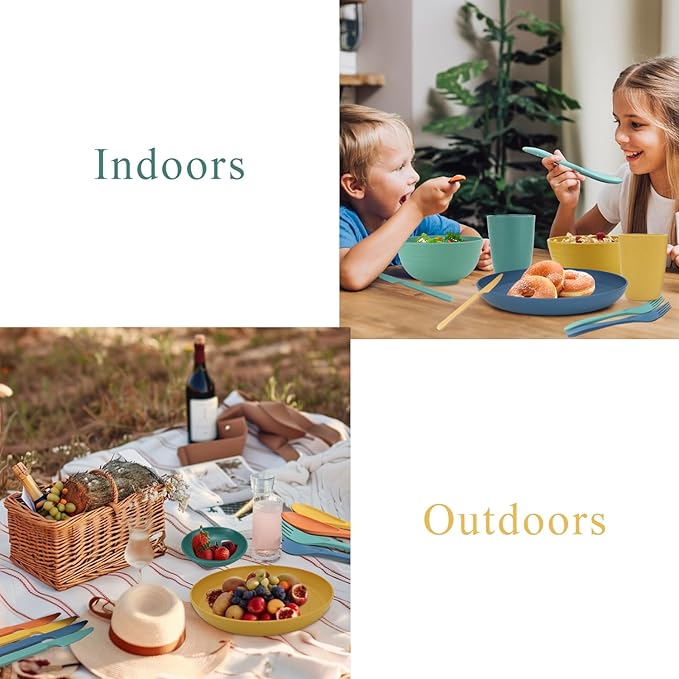 Wrova Wheat straw plates and bowls sets with cutlery - Unbreakable wheat straw dinnerware sets of 28 - Microwave safe plates,bowls,cups for camping,kitchen,new apartment.Colorful