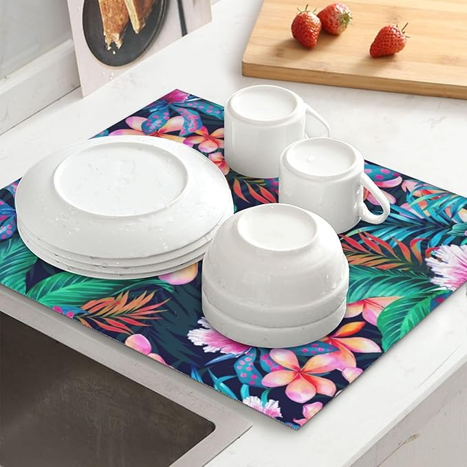 Pink Hawaii Flowers Dish Drying Mat 18x24, Blossom Flowery Floral Absorbent Drying Matt Kitchen Decor Counter Dishes Pad Drainer Rack Coffee Bar Station Mat Protector for Kitchen Accessories Fast Dry