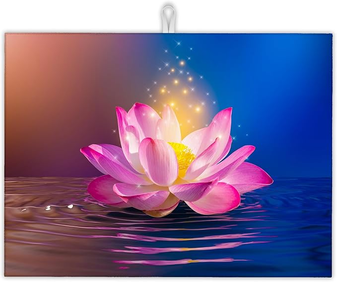 Pink Lotus Dish Drying Rack Mats Decor,Glittering Dish Pad Drying Mat Kitchen Counter 18x24 Inch Absorbent Reversible Microfiber for Coffee Bar Sink Countertop