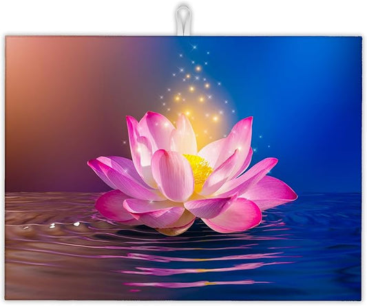 Pink Lotus Dish Drying Rack Mats Decor,Glittering Dish Pad Drying Mat Kitchen Counter 18x24 Inch Absorbent Reversible Microfiber for Coffee Bar Sink Countertop