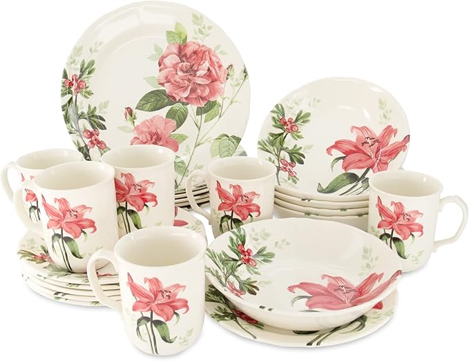 Tudor Royal Collection 24-Piece Round Dinnerware Set, Service for 6, Rosemary Design, Summer Flowers, Plates Bowls Mugs Dishes, High-Gloss Premium Quality