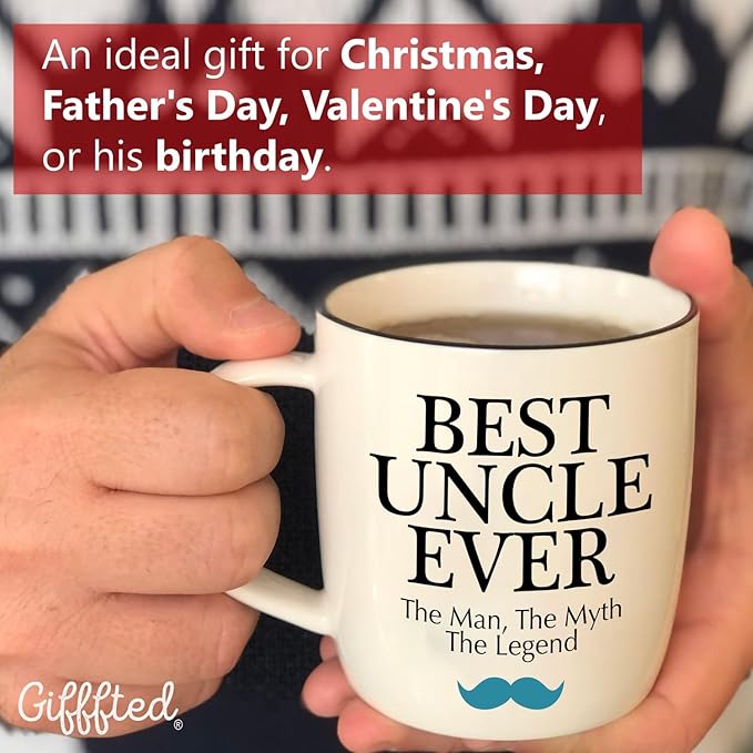 Triple Gifffted Best Uncle Ever Coffee Mug and Socks Gift Set – Funny Gifts for Christmas, Father’s Day, Valentine’s, Birthday from Niece or Nephew – 380ml Ceramic Cup with Cozy Socks