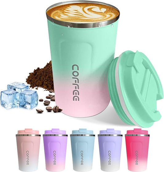 Travel coffee mugs leak-proof, reusable coffee cups with lids, stainless steel vacuum thermos coffe tumblers,thermal insulation cups for men and women hot & cold drinks (2nd-Green Pink, 17OZ)