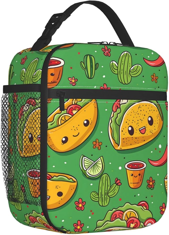 Reusable Taco and Cactus Lunch Box for Kids Girls Boys Women Adult, Insulated Mexican Food Lunch Bag,Polyester Cooler Handbags Case for School Picnic Work Travel Beach or Hiking (Green)