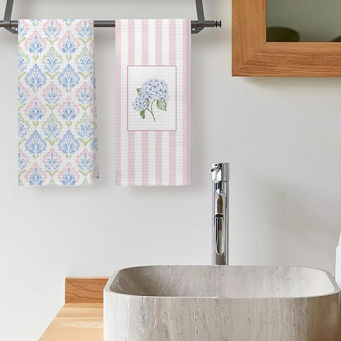 Pink and Blue Grandmillennial Hydrangea Floral Kitchen Dish Towels, Pink Striped Flower Decorative Hand Towels for Bathroom Kitchen, Preppy Floral Bathroom Decor, 16x24 Inch Set of 2
