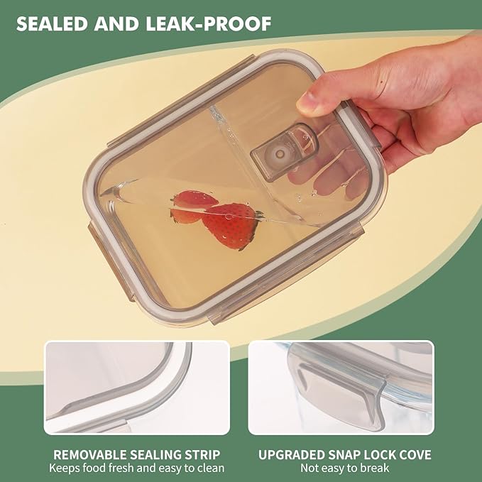 5 Pcs 35oz Glass Food Prep Containers with Airtight Lids,Bento Boxes for Lunch, 2 Compartment Lunch Box,Glass Storage Containers with Lids - Light Gray