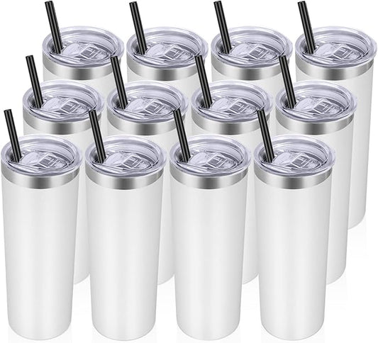 VEGOND Stainless Steel Tumblers Bulk 12 Pack, 20 oz Vacuum Insulated Skinny Tumblers with Lids and Straws, Double Wall Coffee Mug, Travel Water Cup, White