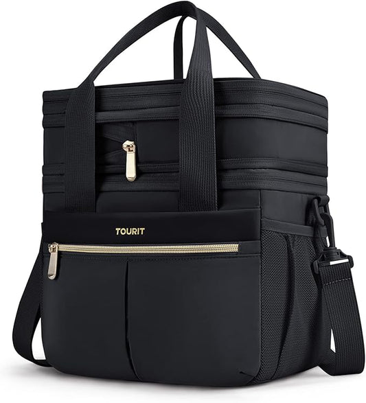TOURIT Insulated Lunch Box Bag, Double Deck Leakproof Cooler Tote for Work Office Picnic, Expandable Lunch Container, Black