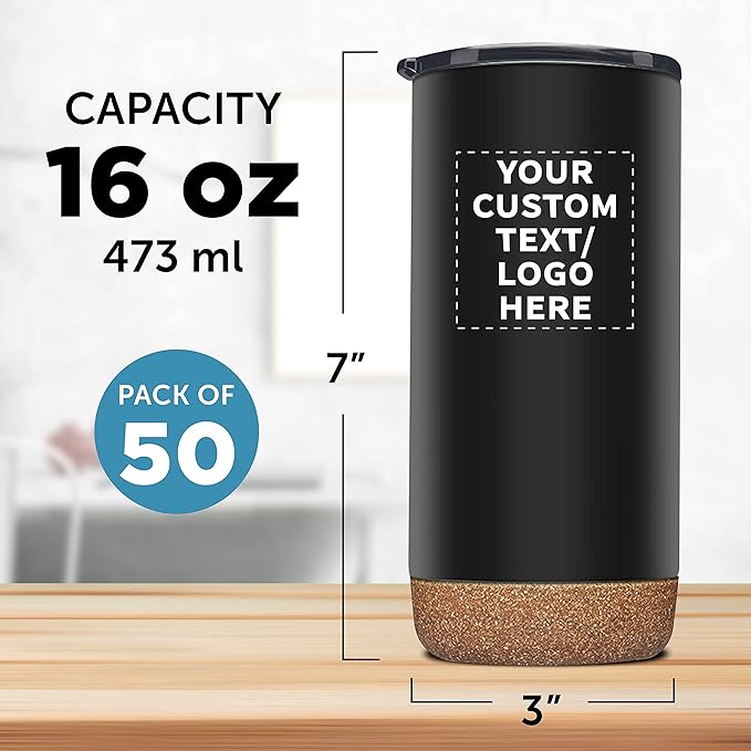 Custom Travel Tumblers with Cork Bottom 16 oz. Set of 50, Personalized Bulk Pack - Double Wall Insulated, Matte Finish, Perfect for Iced Coffee, Soda, Other Beverages - Black