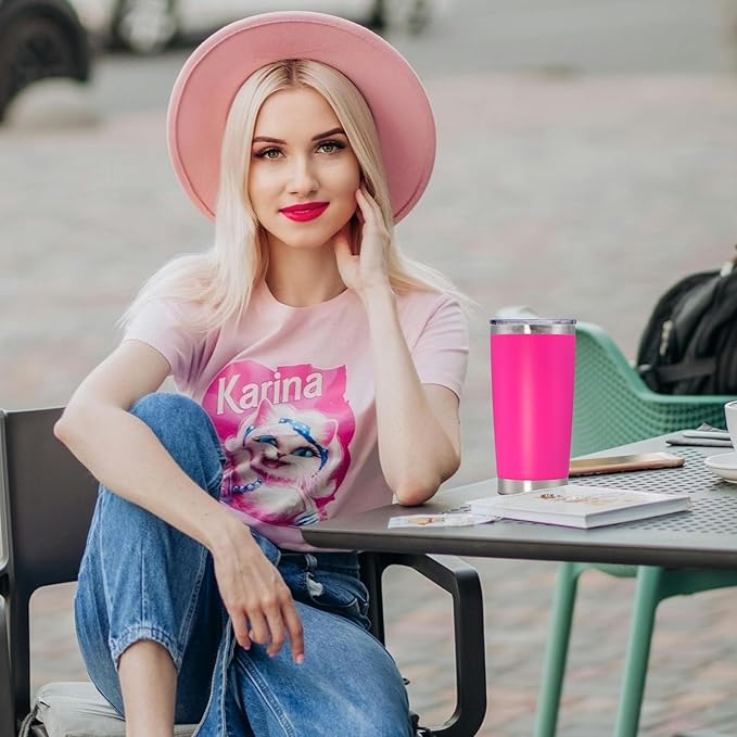 20 oz Tumbler with lid Double Wall Vacuum Insulated Tumblers Stainless Steel Coffee Mug Travel Coffee Tumbler Powder Coated Tumbler Cup Keep Hot&Cold - (Hot Pink 1 Pack)