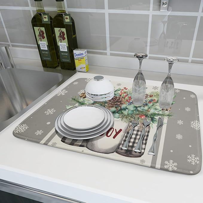 Christmas Dish Drying Mat for Kitchen Counter 18x24 Inch,Large Winter Poinsettia Berry Pinecone Grey Dish Drainer Rack Mats Heat Resistant Foldable Absorbent Draining Pad